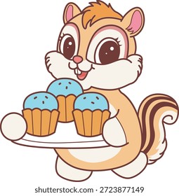 Ícone do adesivo Chipmunk bonito. Engraçado Chipmunk trazer um três cupcake
