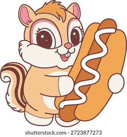 Lindo icono de pegatina de ardilla. Divertido Chipmunk traer un perro caliente 