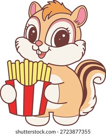 Nettes Chipmunk-Stickersymbol. Lustige Chipmunk bringen eine Pommes frites
