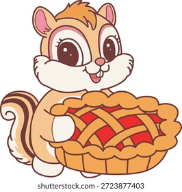 Lindo icono de pegatina de ardilla. Divertida ardilla traer una cereza de pastel