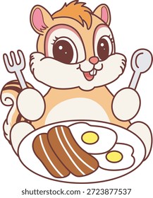 Ícone do adesivo Chipmunk bonito. Engraçado Chipmunk quer comer bacon e ovo