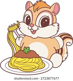 Lindo icono de pegatina de ardilla. Divertida ardilla quiere comer espaguetis 