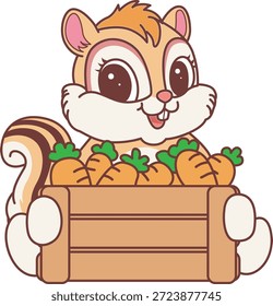 Cute Chipmunk sticker icon. Funny Chipmunk bring a lot of carrot 