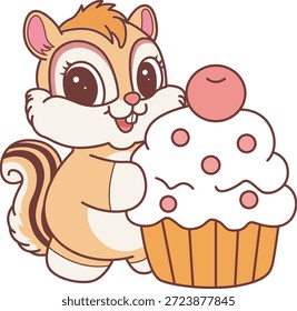 Lindo icono de pegatina de ardilla. Divertida ardilla traer un cupcake