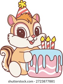 Lindo icono de pegatina de ardilla. Chipmunk divertido traer un pastel de cumpleaños 