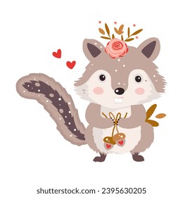 Cute chipmunk woodland animal isolated character with gift and flower Vector happy funny greeting card for Valentine day and birthday.