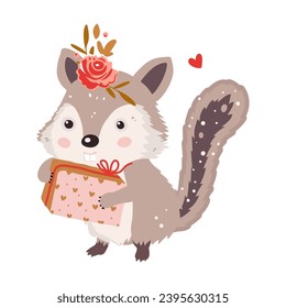 Cute chipmunk woodland animal isolated character with gift and flower Vector happy funny greeting card for Valentine day and birthday.