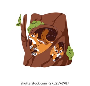 Cute chipmunks are preparing for hibernation, gathering nuts in hollow. Happy squirrels inside the hole of trunk. Forest animals in den on tree. Flat isolated vector illustration on white background