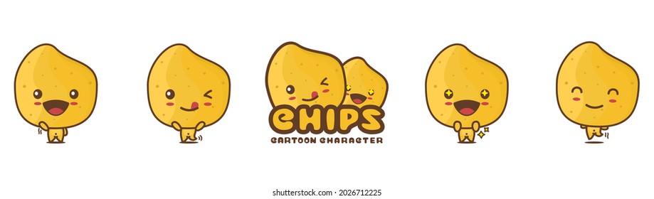 cute chips mascot, snack cartoon illustration, with different facial expressions and poses, isolated on white background