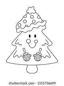 Cute Chirstmas tree with christmas hat vector cartoon colorless for coloring page. 