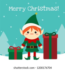 Cute chistmas elf standing with gift boxes in the snow, lovely christmas background.