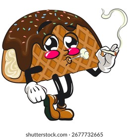 Choco Taco Taco Helado Mascota Personaje Ilustración vectorial Fumar con calma, trabajo de dibujado a mano