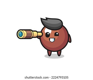 el personaje de la bola de chocolate lindo sostiene un viejo telescopio, diseño de estilo lindo para camisetas, pegatinas, elemento logo