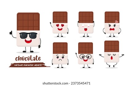 cute chocolate bar cartoon with many expressions. sweet different activity pose vector illustration flat design set with sunglasses.