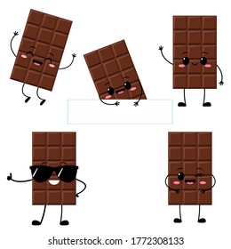 Cute chocolate bar character with funny face. Happy dark or milk chocolate emoji set. Cartoon kawaii sweet food emoticon vector illustration.