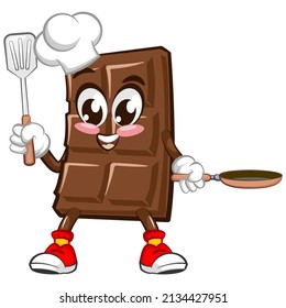 Cute chocolate bar character with funny face being chef with spatula and pan frying, cartoon vector illustration isolated on white background. Funny chocolate character, mascot, emoticon