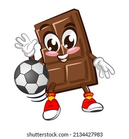 Cute chocolate bar character with funny face playing soccer or food ball, cartoon vector illustration isolated on white background. Funny chocolate character, mascot, emoticon