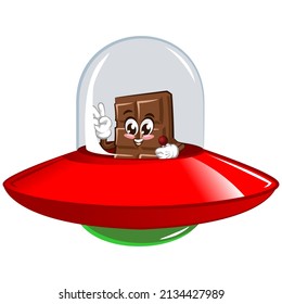 Cute chocolate bar character with funny face in alien aircraft, cartoon vector illustration isolated on white background. Funny chocolate character, mascot, emoticon