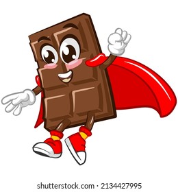 Personaje de barra de chocolate lindo con cara graciosa siendo superhéroe, ilustración vectorial de dibujos animados aislada en fondo blanco. Carácter gracioso de chocolate, mascota, emoticono