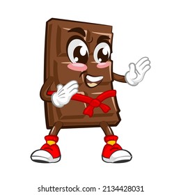 Cute chocolate bar character with funny face practice karate, cartoon vector illustration isolated on white background. Funny chocolate character, mascot, emoticon