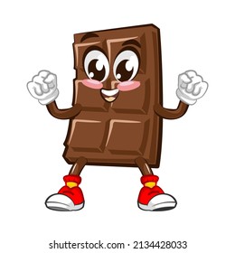 Cute chocolate bar character with funny face strong and healthy, cartoon vector illustration isolated on white background. Funny chocolate character, mascot, emoticon