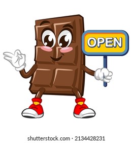 Cute chocolate bar character with funny face holding a sign that says open, cartoon vector illustration isolated on white background. Funny chocolate character, mascot, emoticon