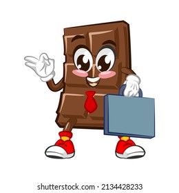 Cute chocolate bar character with funny face being executive with suitcase, cartoon vector illustration isolated on white background. Funny chocolate character, mascot, emoticon