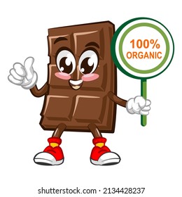 Cute chocolate bar character with funny face holding a sign that says 100% organic, cartoon vector illustration isolated on white background. Funny chocolate character, mascot, emoticon