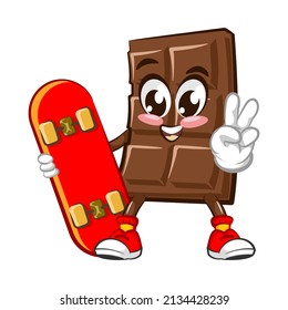 Personaje de barra de chocolate lindo con cara graciosa con patineta, ilustración vectorial de dibujos animados aislada en fondo blanco. Carácter gracioso de chocolate, mascota, emoticono