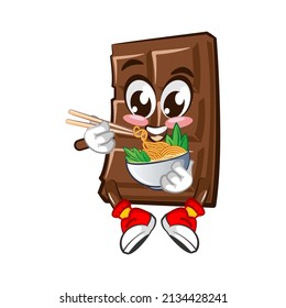 Cute chocolate bar character with funny face eating noodles with chopstick, cartoon vector illustration isolated on white background. Funny chocolate character, mascot, emoticon