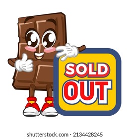 Cute chocolate bar character with funny face holding a sign that says sold out, cartoon vector illustration isolated on white background. Funny chocolate character, mascot, emoticon