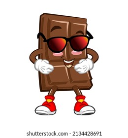 Personaje lindo de barra de chocolate con graciosos estilos de cara usando gafas de sol , ilustración vectorial de dibujos animados aislados en fondo blanco. Carácter gracioso de chocolate, mascota, emoticono