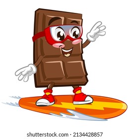 Cute chocolate bar character with funny face surf on snowboard, cartoon vector illustration isolated on white background. Funny chocolate character, mascot, emoticon