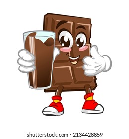 Cute chocolate bar character with funny face with a glass of hot chocolate, cartoon vector illustration isolated on white background. Funny chocolate character, mascot, emoticon