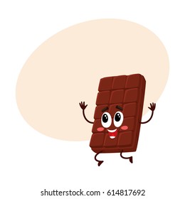 Cute chocolate bar character with funny face jumping from happiness and excitement, cartoon vector illustration with space for text. Happy, excited chocolate character, mascot, emoticon