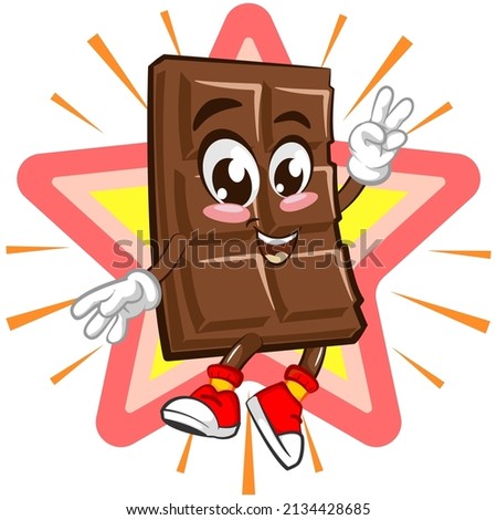 Cute chocolate bar character with funny face being hipster star, cartoon vector illustration isolated on white background. Funny chocolate character, mascot, emoticon