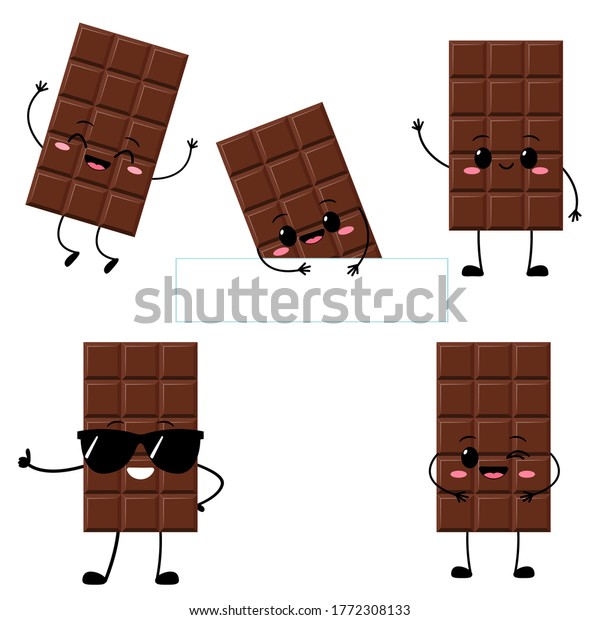 面白い顔をしたかわいいチョコレートバー ハッピーダークまたはミルクチョコレート絵文字セット カワイイの甘い食べ物の絵文字のベクターイラスト のベクター画像素材 ロイヤリティフリー