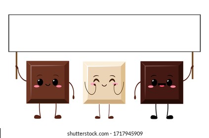 Cute chocolate bar characters holding sign. Funny piece of chocolate vector illustration