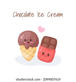 Cute Chocolate Bar and Choco Ice Cream Cone isolated on white background. Kawaii comic food vector illustration for kids menu, textile print, card. Happy adorable summer dessert characters drawing.