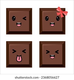 Cute chocolate bar piece emoji character. Yummy dark bitter milky choco part . Cacao sweet food design. Flat vector illustration