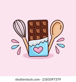 cute chocolate bar and spoon. vector drawing.