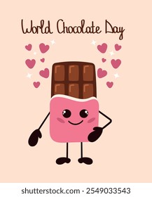 Cute chocolate bar in a wrapper with eyes and a smile. Vector hand drawn illustration of a postcard for World Chocolate Day.