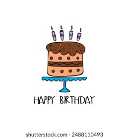  Cute chocolate Birthday Cake with candles minimal Doodle hand drawing, perfect for greeting cards , happy birthday quote