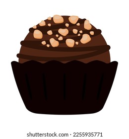 Cute chocolate bonbon truffle with nuts stuffed nougat, mousse, cream for Valentine gift. Vector illustration animated cartoon candy flat icon collection isolated