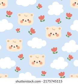 Cute chocolate brown teddy bear face in the blue sky with clouds and red flowers. Kids woodland animals seamless pattern print for wrapping paper, fabric and textile