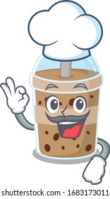 Cute chocolate bubble tea cartoon character wearing white chef hat