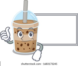 cute chocolate bubble tea cartoon character Thumbs up bring a white board