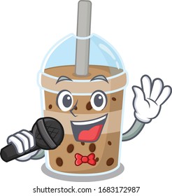 Cute chocolate bubble tea sings a song with a microphone