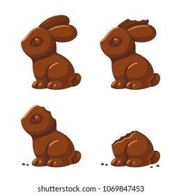 Cute chocolate bunny in different stages of being eaten: with a little bite, then ear and head bitten off. Traditional Easter treat, isolated vector illustration.