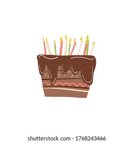 Cute chocolate cake with lot of burning candles and colorful creme topping decoration and cacao icing. Vector hand drawn illustration on isolated background